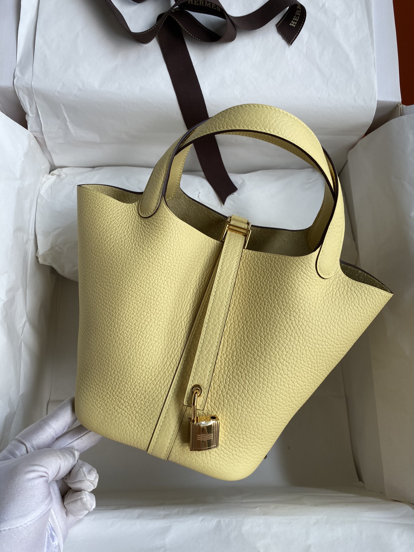 Hermes Picotin Lock 22 Bag In Jaune Poussin Clemence Leather